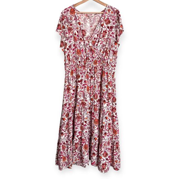 Knox Rose Dresses & Skirts - Knox Rose Pink Floral Print Surplice V Neck Ruffle Tiered Maxi Dress Womens XXL